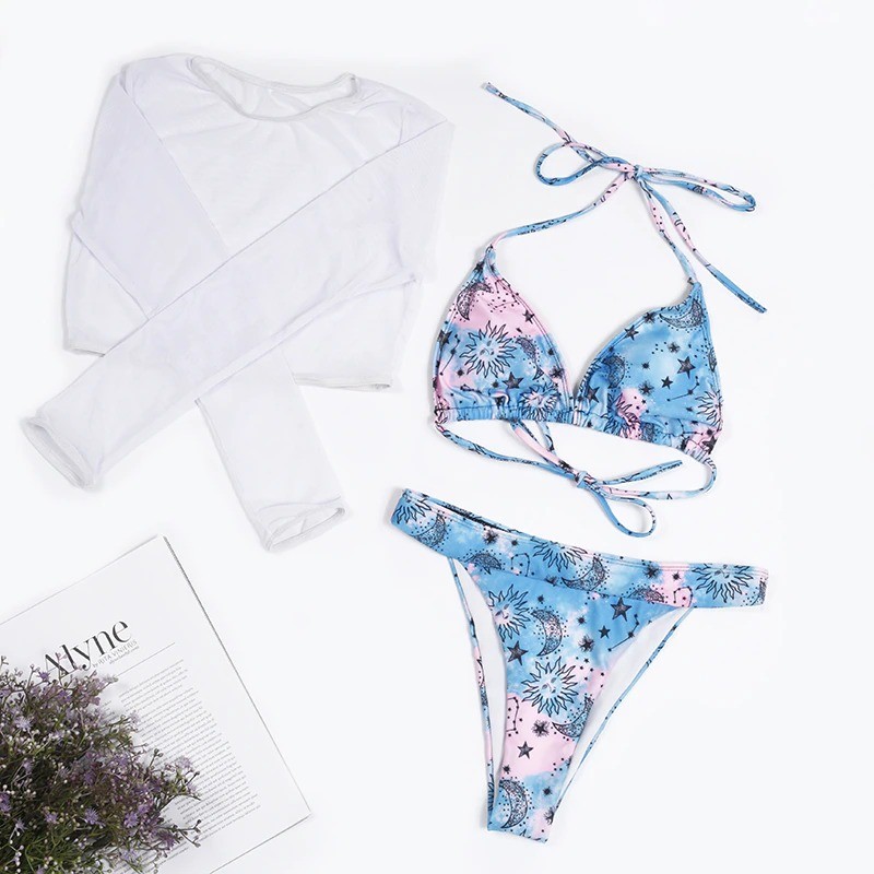 Sexy bikini set - long sleeve top - high / low waist - 3 piecesBeachwear