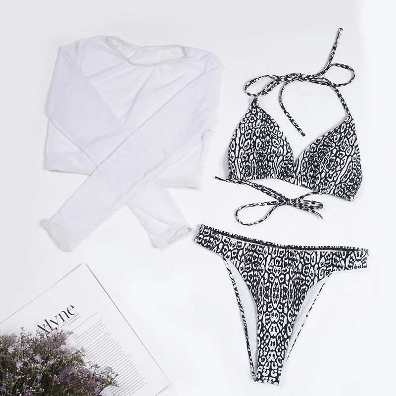 Sexy bikini set - long sleeve top - high / low waist - 3 piecesBeachwear