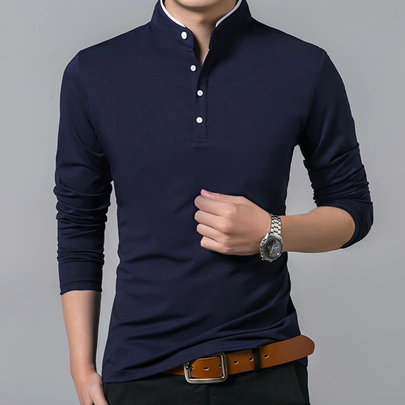 Long sleeve shirt / t-shirt - with buttoned collar - cottonT-shirts