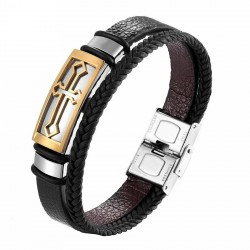 Vintage cross bracelet - stainless steel / leather - with metal clasp