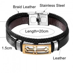 Vintage cross bracelet - stainless steel / leather - with metal clasp