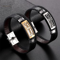 Vintage cross bracelet - stainless steel / leather - with metal clasp