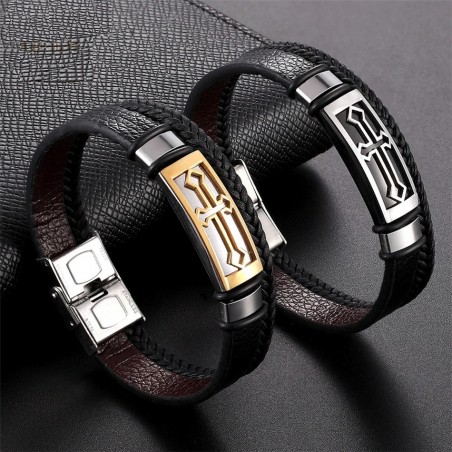 Vintage cross bracelet - stainless steel / leather - with metal clasp