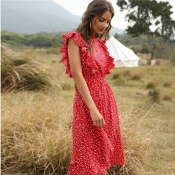 Summer dotted dress - with ruffles sleeves - midi - chiffon