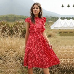 Summer dotted dress - with ruffles sleeves - midi - chiffon
