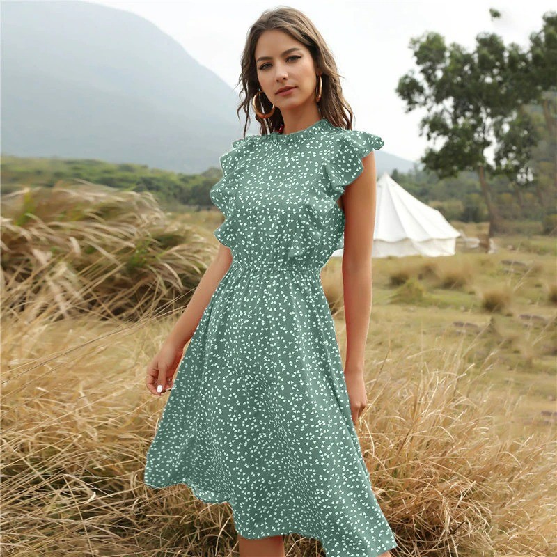 Summer dotted dress - with ruffles sleeves - midi - chiffon