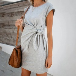Fashionable mini pregnancy dress - tie-in waist - short sleeve - cotton