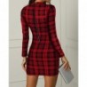 Elegant plaid mini dress - long sleeve - with back zipper - red
