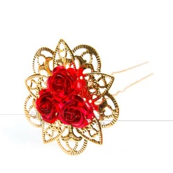 Golden hairpins with red roses - 30 pieces