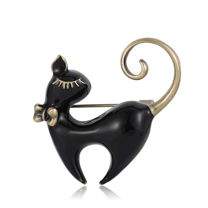 Enamel black and white cat - retro brooch