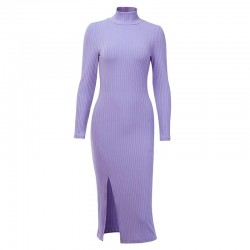 Elegant cotton dress - with turtleneck / long sleeve / side cutDresses