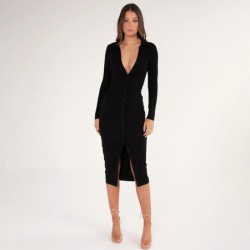 Fashionable button up dress - ankle length - long sleeve - v-neckDresses