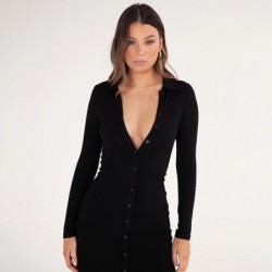 Fashionable button up dress - ankle length - long sleeve - v-neckDresses