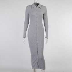 Fashionable button up dress - ankle length - long sleeve - v-neckDresses