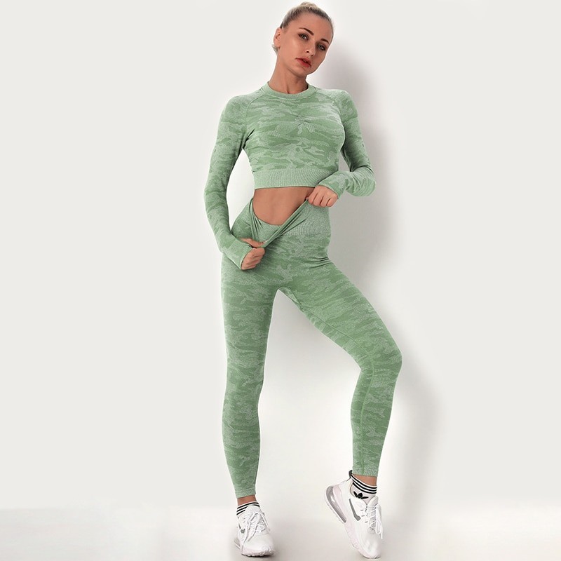 Camouflage fitness set - seamless - long sleeve shirt / leggings