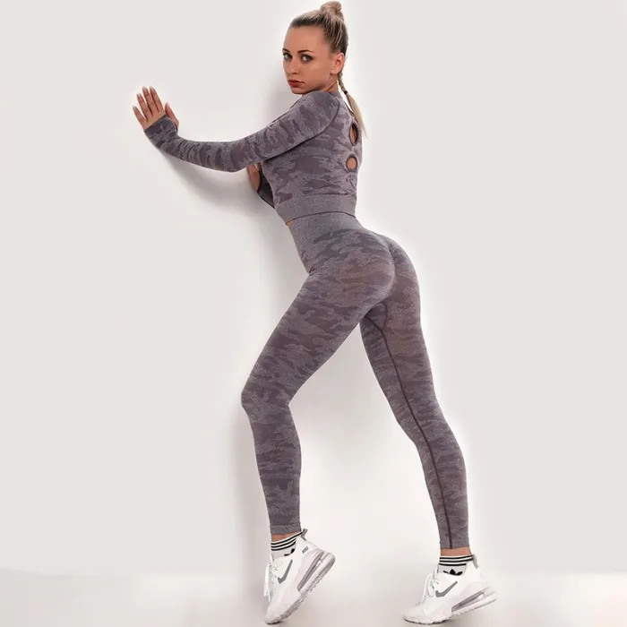 Camouflage fitness set - seamless - long sleeve shirt / leggings