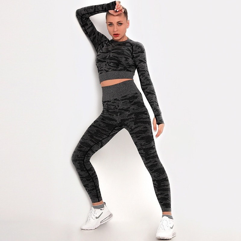Camouflage fitness set - seamless - long sleeve shirt / leggings