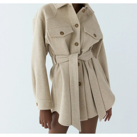 Vintage woolen beige jacket - with pockets / belt / buttonsJackets