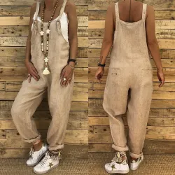 Vintage linen jumpsuit - lace up straps - loose - wide leg