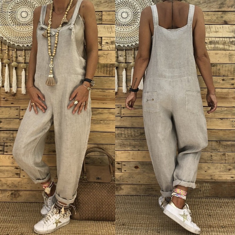 Vintage linen jumpsuit - lace up straps - loose - wide leg