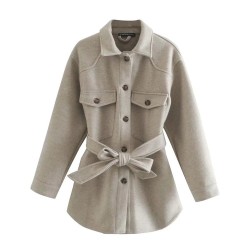 Vintage woolen beige jacket - with pockets / belt / buttonsJackets