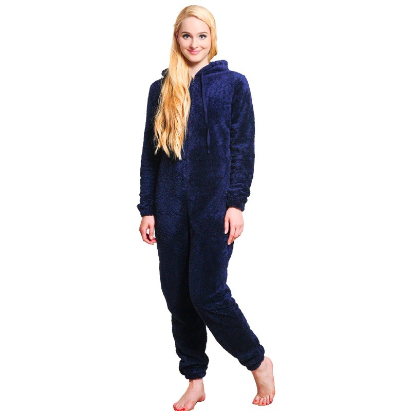One piece pyjama - fluffy fleece warm jumpsuit - with hood / zipper