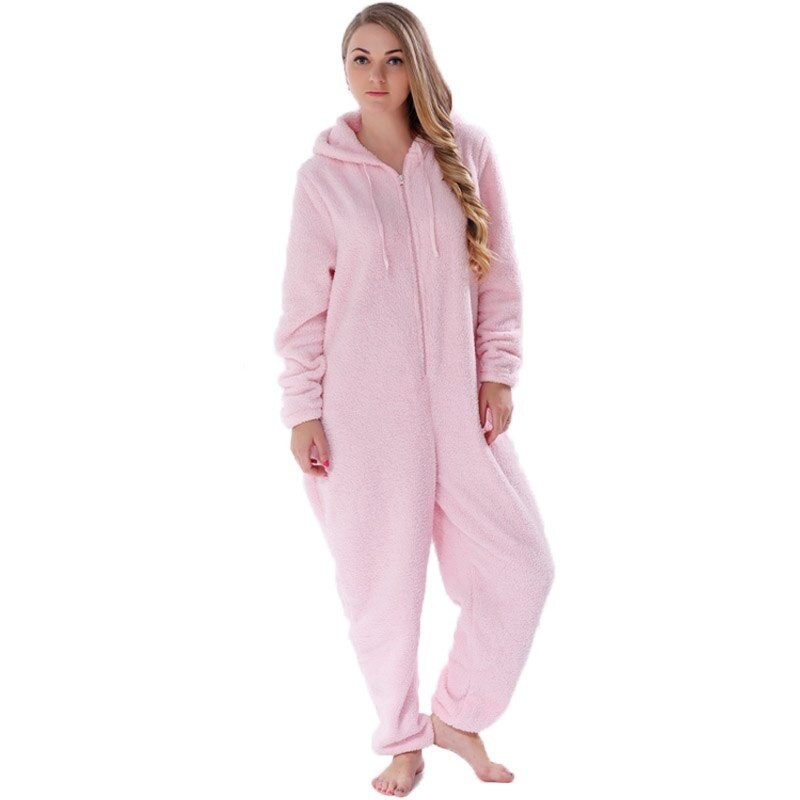 One piece pyjama - fluffy fleece warm jumpsuit - with hood / zipper