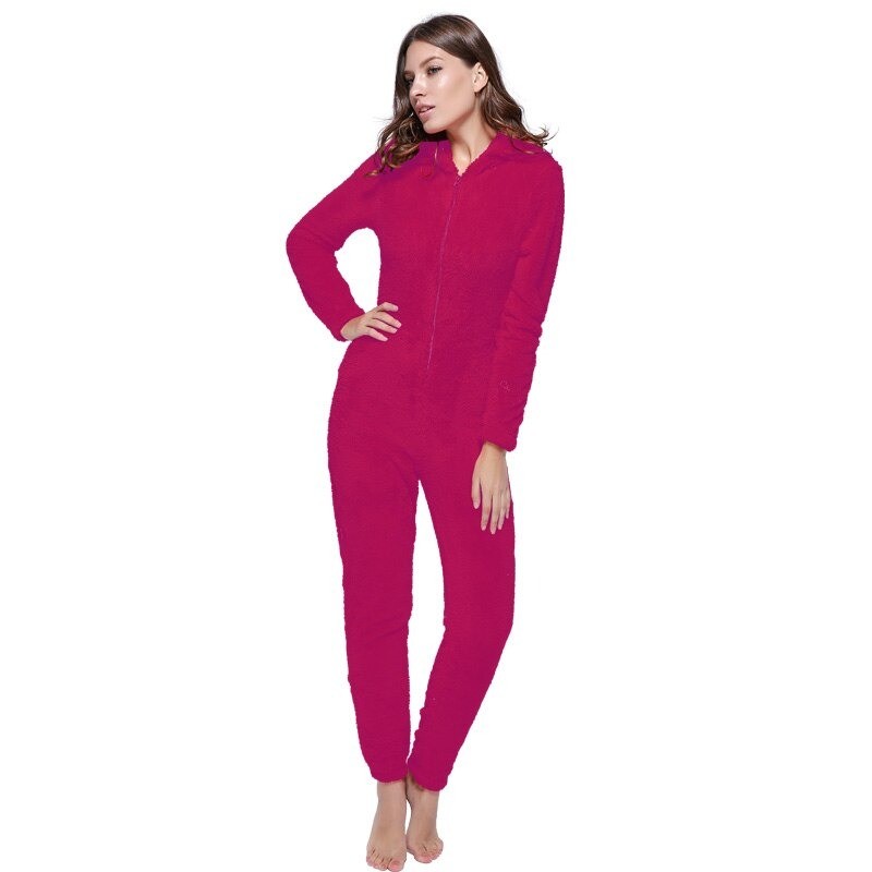 One piece pyjama - fluffy fleece warm jumpsuit - with hood / zipper