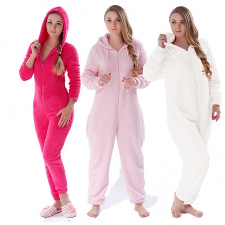 One piece pyjama - fluffy fleece warm jumpsuit - with hood / zipper