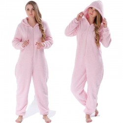 One piece pyjama - fluffy fleece warm jumpsuit - with hood / zipper