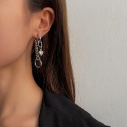 Long silver earrings - mini heart-shaped pendant / chain / circles