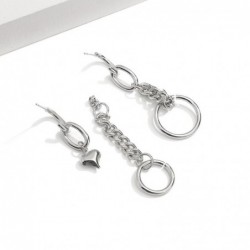 Long silver earrings - mini heart-shaped pendant / chain / circles
