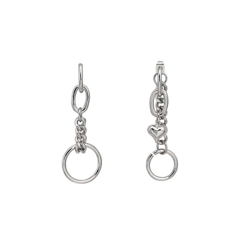 Long silver earrings - mini heart-shaped pendant / chain / circles