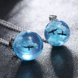 Necklace with transparent resin ball - luminous - blue sky / clouds / birdsNecklaces