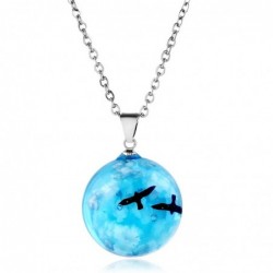 Necklace with transparent resin ball - luminous - blue sky / clouds / birds