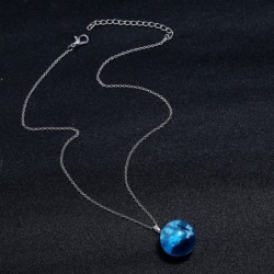 Necklace with transparent resin ball - luminous - blue sky / clouds / birds
