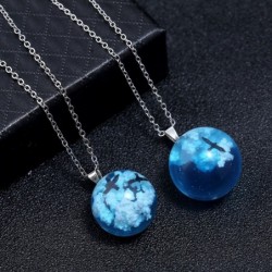 Necklace with transparent resin ball - luminous - blue sky / clouds / birds
