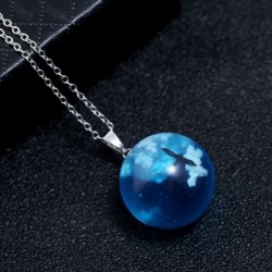 Necklace with transparent resin ball - luminous - blue sky / clouds / birds