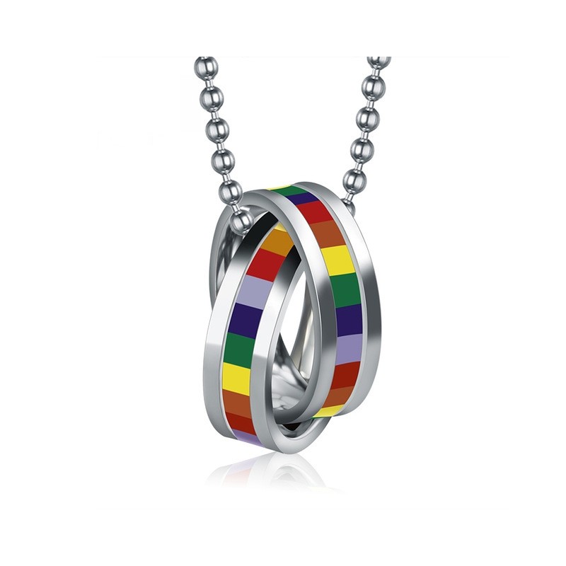 Rainbow double rings pendant - stainless steel necklace
