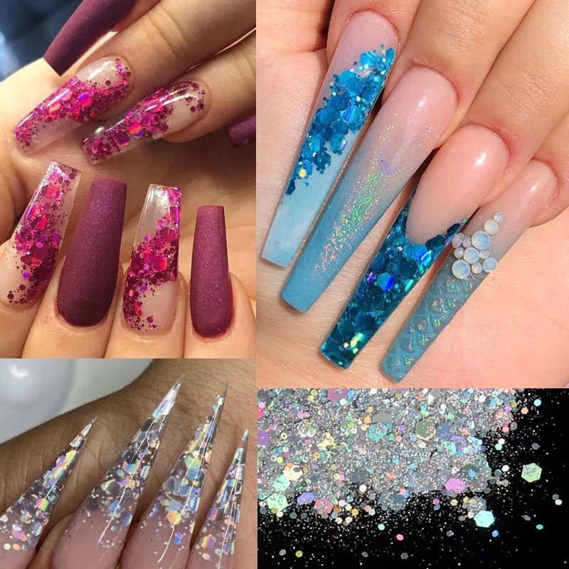 Nail art glitter - mixed hexagon shape / sequins / flakes / slices - 50g