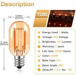 Vintage LED bulb - Edison tube - T22 - 2200K - E12 / E14 - 1W - dimmable - amber glass - 5 pieces