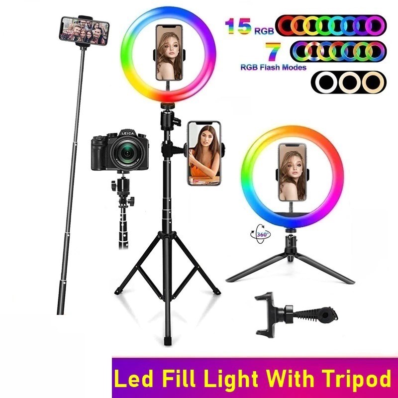 Selfie LED ring - RGB - dimmable fill light - with tripod - for photography / makeup / video