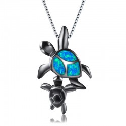 Vintage silver necklace - opal stone - mom & baby turtle pendant