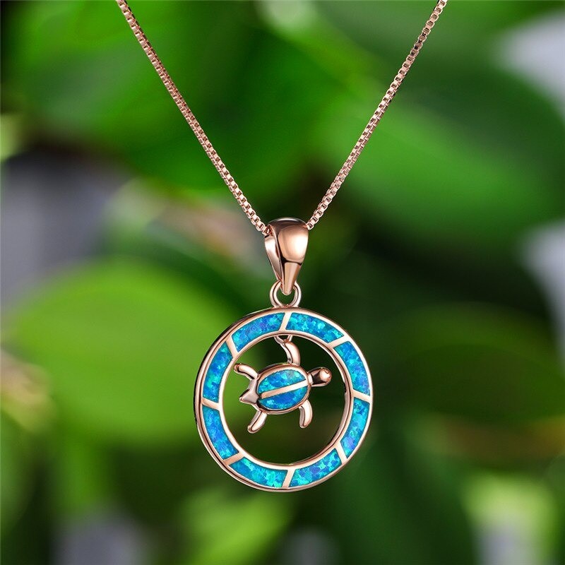 Round opal pendant with turtle - elegant necklaceNecklaces