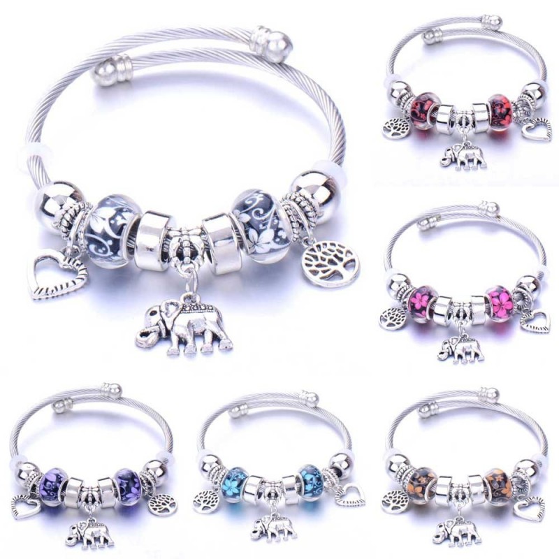 Elegant bracelet - with charms - elephant / beads / heart / feather / crystal flowers