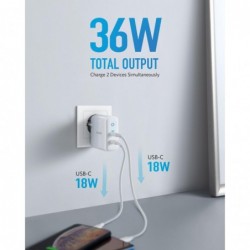 36W - 2-port PIQ 3.0 - type-C - wall charger - with foldable plug