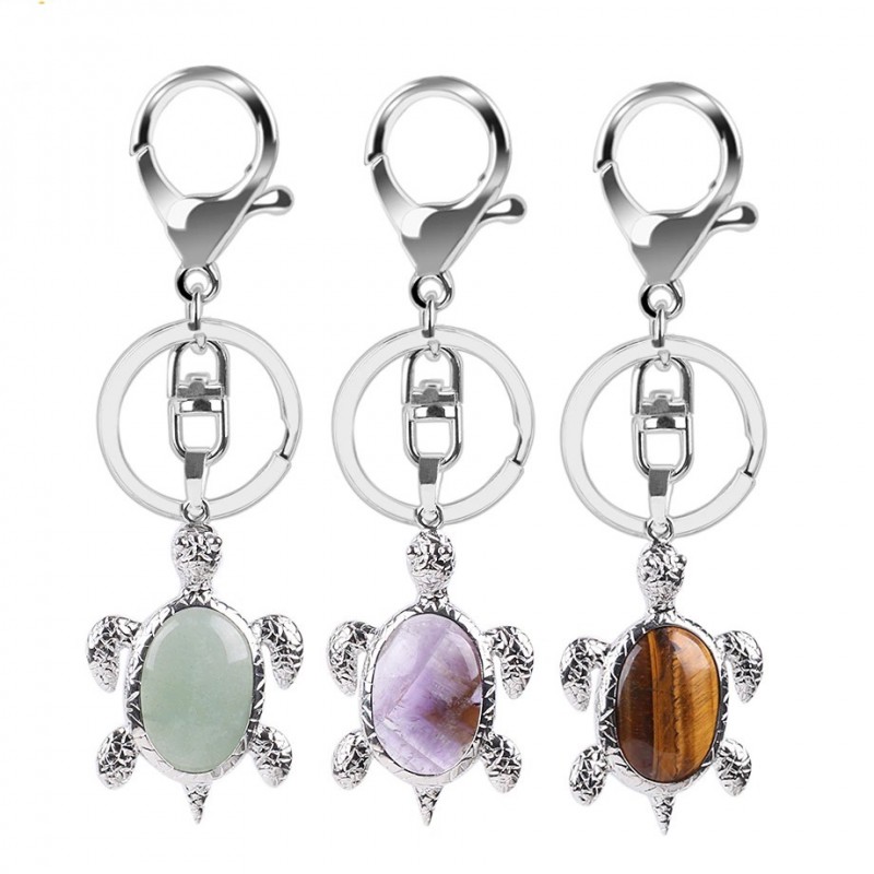 Keychain with turtle - natural crystal stone