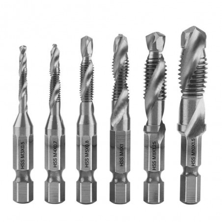 Drill bits - hex shank - titanium plated - HSS screw thread tap - M3 / M4 / M5 / M6 / M8 / M10 - 6 pieces