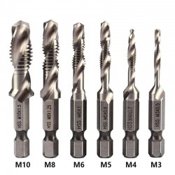 Drill bits - hex shank - titanium plated - HSS screw thread tap - M3 / M4 / M5 / M6 / M8 / M10 - 6 pieces