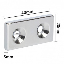 N52 - neodymium magnet - strong countersunk block - 40mm * 20mm * 5mm - with double 5mm hole - 3 pieces
